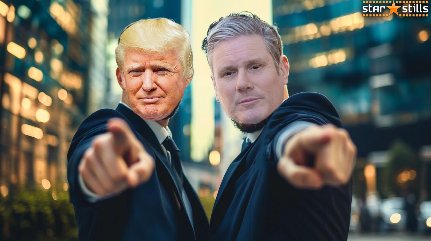 Two men wearing celebrity masks of Donald Trump and Keir Starmer